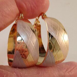 18K Yellow Gold Filled 3 Color Bohemian Wide Tapered Carved Circle Hoop Earrings